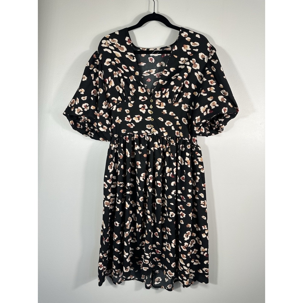 Girl Soul Dress‎ Womens XL Black Leopard Print Puff Sleeve Retro Inspired